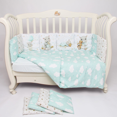 Комплект в кроватку Бегемотики 17 предметов сатин Подушкино 04603777027292 мятный 1